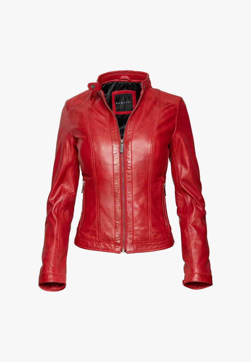 Rote Lederjacke mit Slim-Fit, hoher Kragen, Reißverschluss auf der Vorderseite und dezenten genähten Details an den Schultern und Seiten.