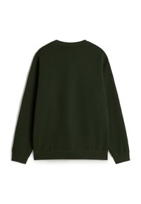 Sudadera de color verde oscuro con un diseño sencillo. Presenta un cuello redondo, mangas largas, puños y dobladillo acanalados. Hecha de una tela suave y texturizada.