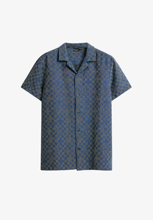 Kurzärmeliges blaues Hemd mit Knopfleiste, kariertem Muster aus kleinen Punkten und einem Reverskragen.