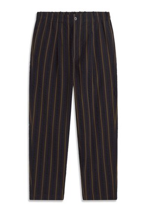 Black pants with vertical thin orange stripes, elastic waistband with button closure, straight leg cut.