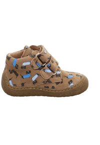 Brown toddler boot with a textured sole, featuring a pattern of black dogs and blue stripes, secured with two Velcro straps.