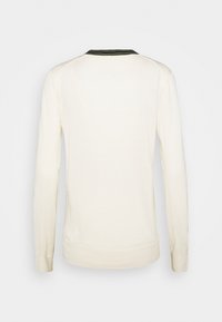 Pull à manches longues couleur écru avec un col rond, avec de fines rayures vert foncé et or, montré de dos.