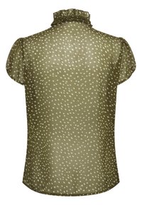 Blouse vert olive à manches courtes avec motif de points blancs irréguliers, col montant à volants et tissu léger transparent vue de dos.
