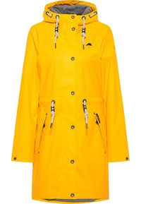Žlutý voděodolný plášť s šedým fleecovým podšívkou, nastavitelnou kapucí, stahovacími švy v pase, předními kapsami a stříbrnými akcenty.