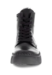 Zwarte leren enkelboots met veters aan de voorkant, een rits aan de zijkant en een gestructureerde zool. Beschikt over een gladde afwerking en subtiele stikdetails.