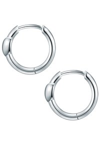 Silverfärgade hoopsörhängen med en slät, polerad yta. Cirkulär form med en distinkt rund accent nära stängningen.