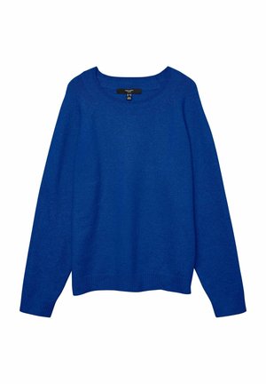 Suéter de punto azul con un escote amplio, mangas largas y puños y dobladillo acanalados. Textura suave, diseño casual. Sin patrones ni embellishments visibles.