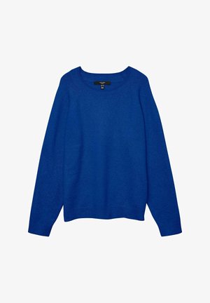 Blue knit sweater with a wide neckline, long sleeves, and ribbed cuffs and hem. Soft texture, casual design. No visible patterns or embellishments.