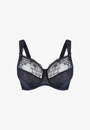 Black lace bra with sheer floral patterns, underwired cups, and adjustable straps. Features a scalloped lace trim along the edges.