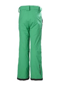 Zelené nepromokavé lyžařské kalhoty s volným střihem, nastavitelným pasem, černými akcenty na lemu a logem na levé nohavici.