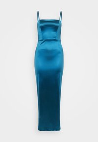 Satin teal obleka z tankimi naramnicami, prilegajočim korzetom in dolgim, ravnim krilom. Gladka tekstura z rahlim sijajem.