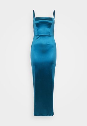 Zilgana tītara kleita ar plānām spageti siksnām, pieguļošs krūšu daļa un gara, taisna svārku daļa. Gluda tekstūra ar smalku spīdumu.