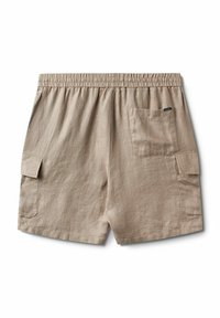 Beige vászon rövidnadrág elasztikus derékkal, két oldalsó zsebbel és egy hátsó zsebbel. Textúrált anyag, laza kialakítással.