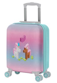 Valigia rigida in rosa e blu pastello con design di unicorni realizzati con mattoncini colorati e quattro ruote girevoli.