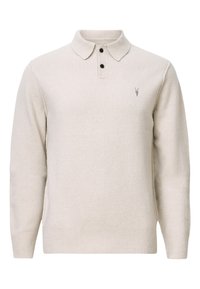 Beige pletený pulovr s polo límcem, třemi černými knoflíky, žebrovanými manžetami a spodním lemem. Obsahuje jemný detail loga na prsou.