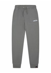 Pantalones de chándal gris ajustados con cintura elástica, cordón, bolsillos laterales, puños acanalados y logo de ellesse en blanco en el muslo izquierdo.