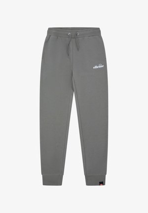 Pantalones de chándal gris ajustados con cintura elástica, cordón, bolsillos laterales, puños acanalados y logo de ellesse en blanco en el muslo izquierdo.