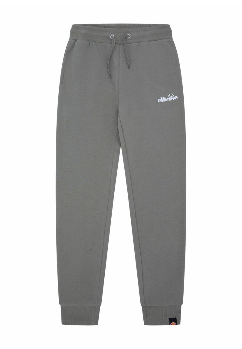 Pantalones de chándal gris ajustados con cintura elástica, cordón, bolsillos laterales, puños acanalados y logo de ellesse en blanco en el muslo izquierdo.