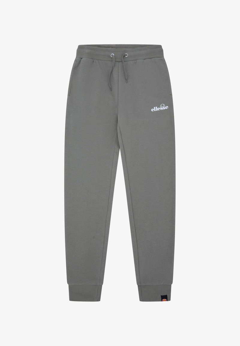 Pantalones de chándal gris ajustados con cintura elástica, cordón, bolsillos laterales, puños acanalados y logo de ellesse en blanco en el muslo izquierdo.