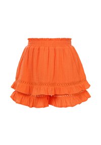 Felrood mini-jurk van een textuurstof, met een gerimpelde zoom en decoratieve kantafwerking aan de onderkant. Elastische tailleband.