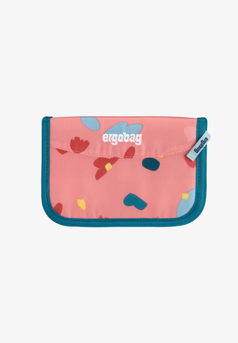 Roze etui met teal accenten, voorzien van een bloemenpatroon in rood, blauw en geel. Het logo "ergobag" is prominent op de voorkant weergegeven.