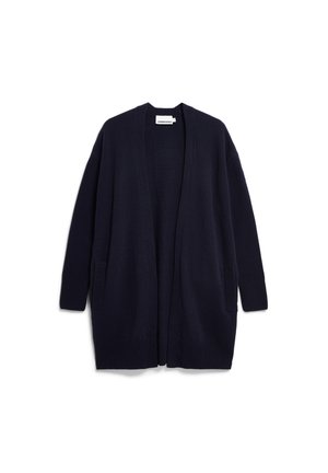 Navyblauwe cardigan van zachte stof, met een ontspannen ontwerp, open voorkant, lange mouwen en twee zijzakken.
