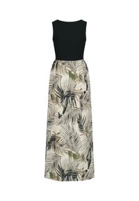 Robe maxi avec un haut sans manches noir et une base crème ornée de motifs de feuilles tropicales vertes et noires sur la jupe. Texture de tissu lisse.