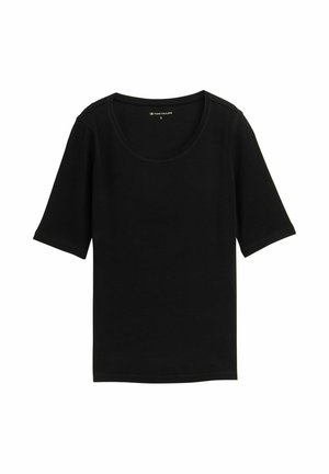 Tricou negru cu mânecă scurtă, decolteu rotund, realizat dintr-un amestec moale de bumbac, are o croială lejeră și detalii de cusături subtile. Mărimea S.
