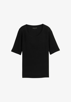 Černé tričko s krátkým rukávem, kulatým výstřihem, vyrobené z měkké bavlněné směsi, má volnější střih a decentní švy. Velikost S.