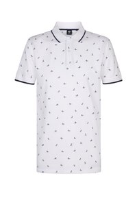 Witte polo met marineblauwe accenten, met een regular fit en een herhalend klein patroon van vogels. Gemaakt van zachte, ademende stof.