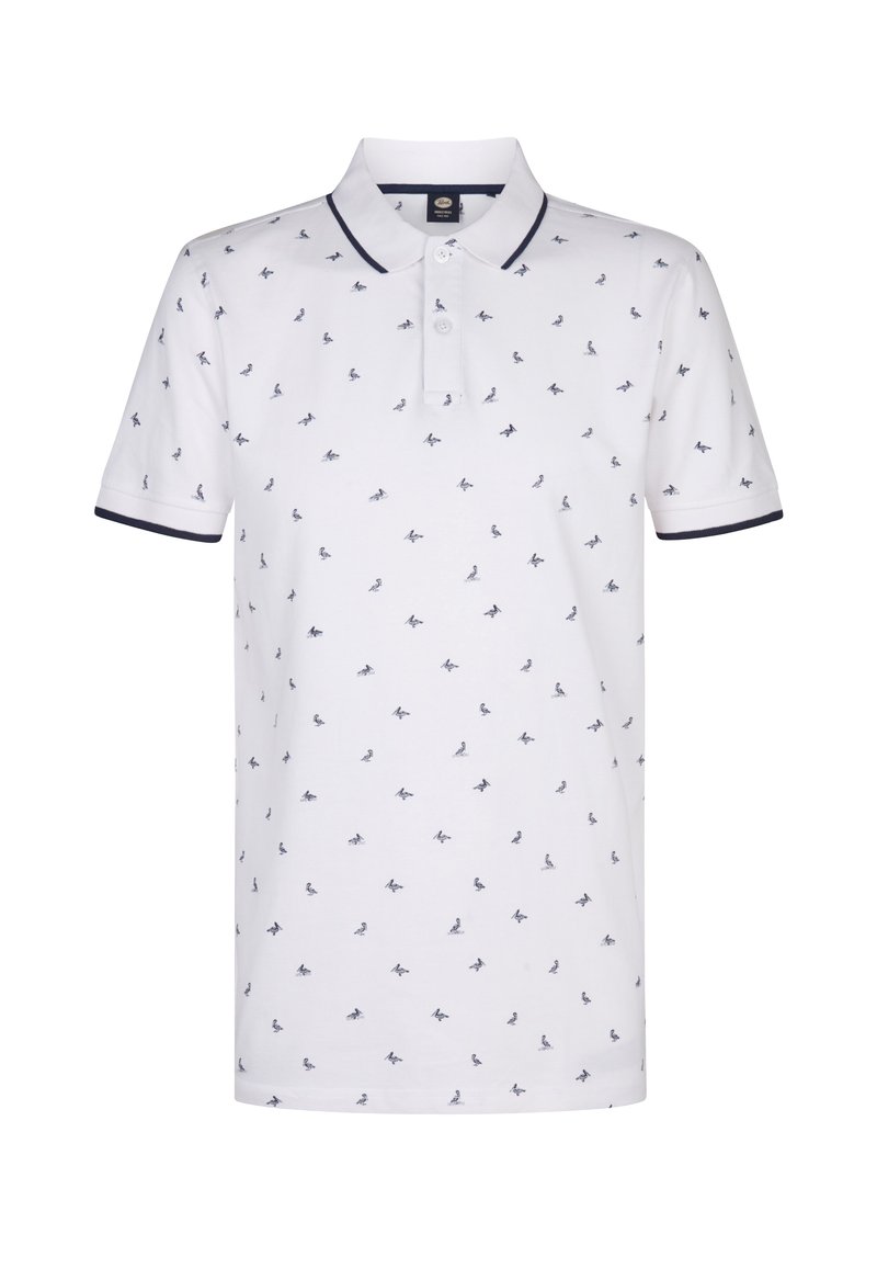 Witte polo met marineblauwe accenten, met een regular fit en een herhalend klein patroon van vogels. Gemaakt van zachte, ademende stof.