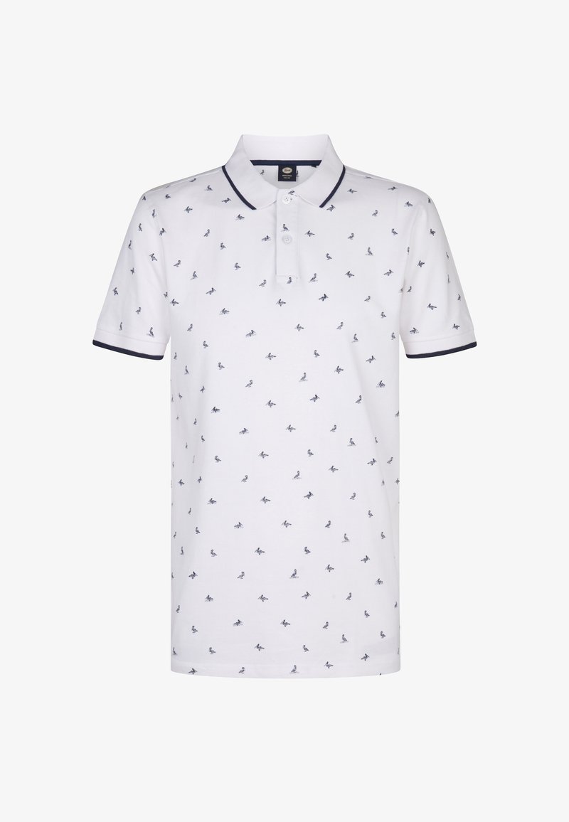 Biele polo tričko s námorníckymi akcentmi, s klasickým strihom a opakujúcim sa malým vzorom vtákov. Vyrobené z mäkkej, priedušnej látky.