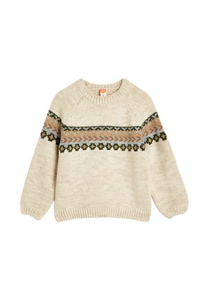 Suéter de punto beige con un cuello redondo, que presenta un patrón de rayas en colores verde, óxido y azul claro en la parte delantera. Mangas largas y ligeramente abullonadas.