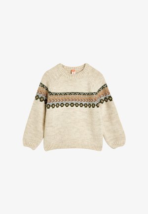 Beige strikket sweater med rund halsudskæring, der har et farverigt yoke-mønster i grøn, rust og lyseblå. Lange, let puffede ærmer.