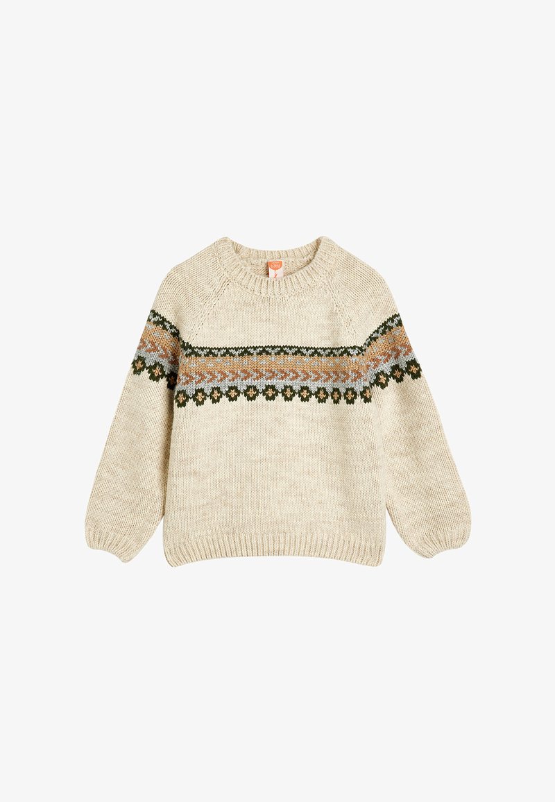 Maglione beige lavorato a maglia con scollatura rotonda, caratterizzato da un motivo colorato sulla spalla in verde, ruggine e azzurro chiaro. Maniche lunghe, leggermente voluminose.