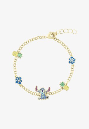 Gouden kettingarmband met een centrale blauwe Stitch-figuur, voorzien van blauwe en groene emailleaccenten in de vorm van bloemen en ananassen.