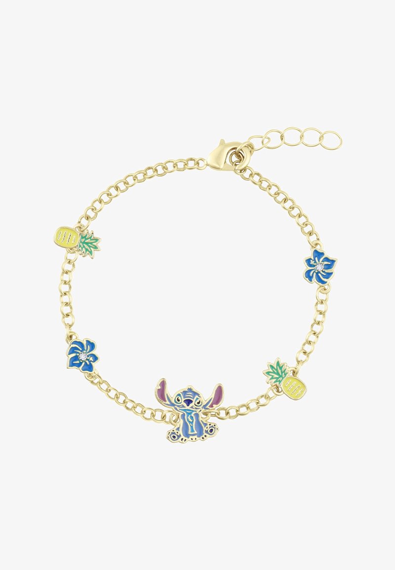 Gouden kettingarmband met een centrale blauwe Stitch-figuur, voorzien van blauwe en groene emailleaccenten in de vorm van bloemen en ananassen.