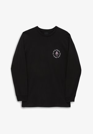 Schwarzes Langarm-T-Shirt aus Baumwolle. Mit einem runden Grafikdesign auf der Brust, das Text und ein Design in Weiß und Hellrosa zeigt.