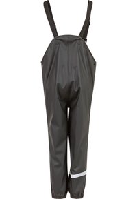 Vandtætte sorte overalls med justerbare skulderstropper, elastiske manchetter og en refleksstribe henover underbenet for synlighed.