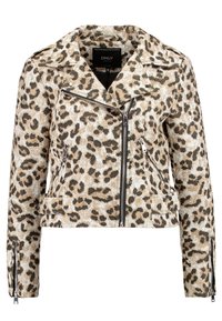 Kurtka motocyklowa w print w panterkę z teksturowanej tkaniny, z wykrojonym kołnierzem, zamkiem błyskawicznym z przodu i bocznymi kieszeniami. Akcenty w czarnym kolorze.