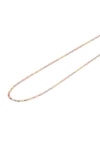 Trekantet metal kæde med tre farver, som har skiftende led i rosaguld, guldbelægning og sølv, med en glat overflade og ensartet design.