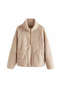 Blød beige fleece-pullover med høj krave, halv lynlås og to store forlommer foran. Har tekstureret stof og raglanærmer.