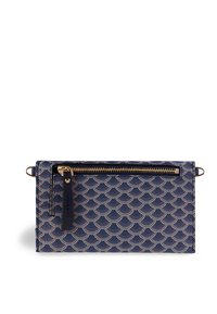 Námořnická modrá kabelka s designem zlatých mušlí, přední kapsa na zip se zlatým zipem a koženým poutkem, obdélníkový tvar.