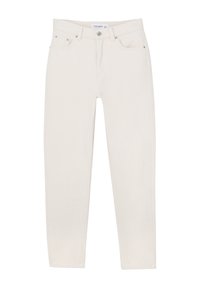 Jeans taille haute slim-fit blanc cassé avec bouton frontal, fermeture éclair, passants de ceinture et design à cinq poches.