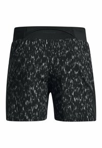 Svarta träningsshorts med ett prickigt vitt mönster, elastisk midjeband och en bakficka. Slät textur med en lätt design.