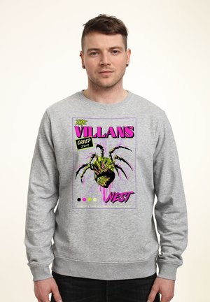 Gray sweatshirt featuring a colorful graphic design. The print shows a stylized spider with the text "THE VILLAINS NEST" in bold, vibrant colors.