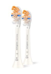 Philips Sonicare A3 tandenborstelkoppen, met witte plastic handvatten, oranje en blauwe borstels, en een taps toelopend ontwerp met een golvingpatroon aan de basis.