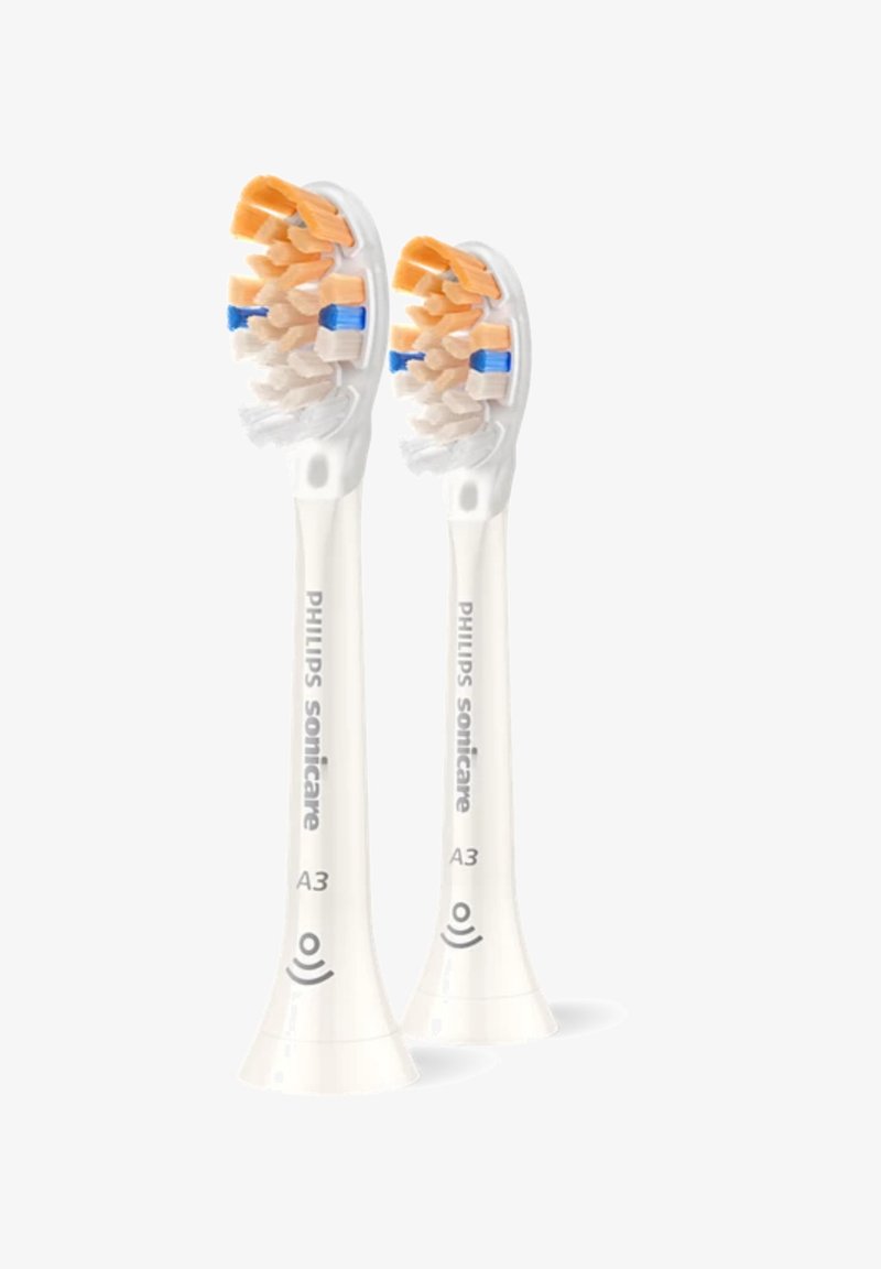 Philips Sonicare A3 tandenborstelkoppen, met witte plastic handvatten, oranje en blauwe borstels, en een taps toelopend ontwerp met een golvingpatroon aan de basis.