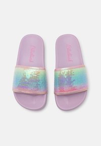 Purple slide sandals featuring a textured sole and a shimmering iridescent strap with sequins in pastel colors. Brand name printed in pink.