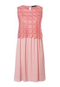 Rosa ärmelloses Kleid mit einem floralen Spitzen-Oberteil, einem gewellten Saum und einem fließenden, plissierten Rock. Detail mit Schlitz im Rücken.
